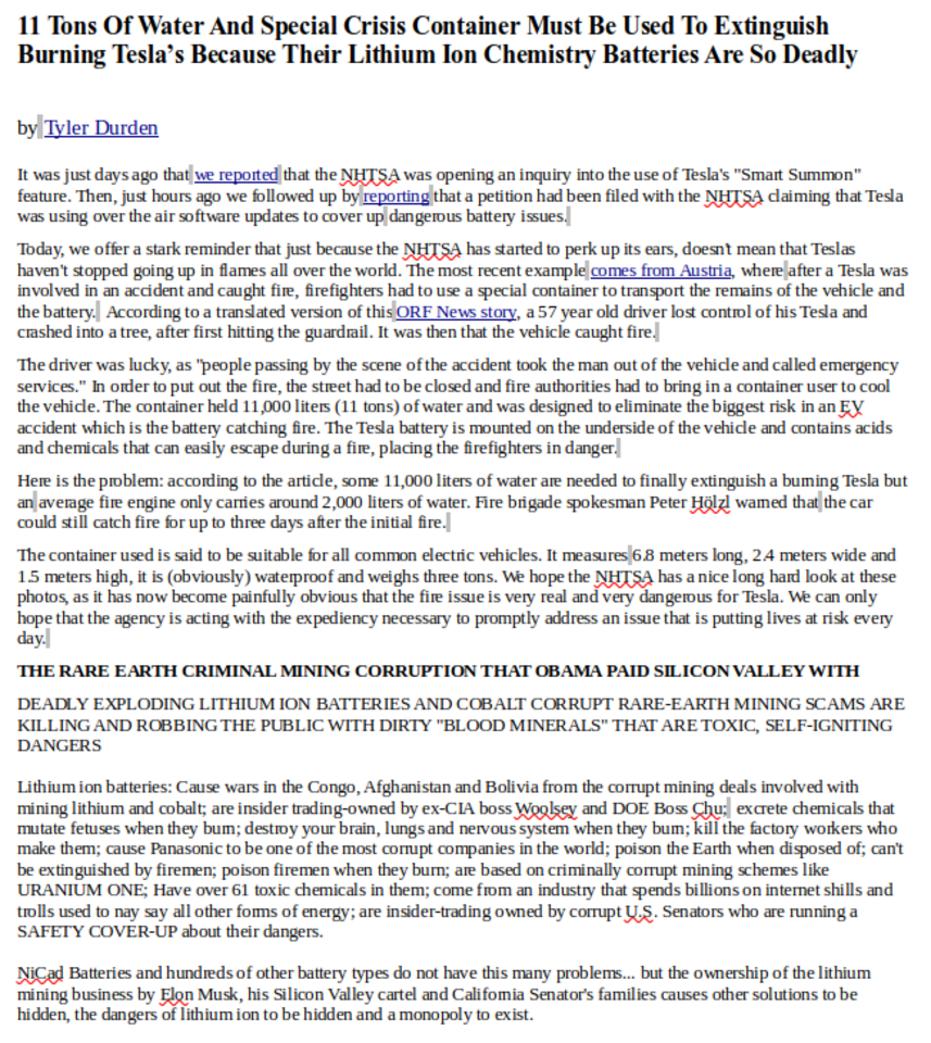 THE COVER UP OF ELON MUSKS DEADLY BATTERIES
Keywords: Big tech mobsters,Dark money payola, Rare Earth Mines, New America Foundation Corruption, Obama, Obama Campaign Finance, Obama FEC violations, Palo Alto Mafia, Paypal Mafia, Pelosi Corruption, Political bribes, Political Insider,  Eric Schmidt Sex Penthou
